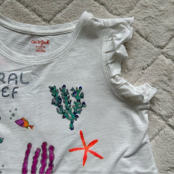 Cat & Jack | White Short Sleeve Ruffle Coral Reef Tee | Size Extra Large (14-16) - Picture 8 of 13